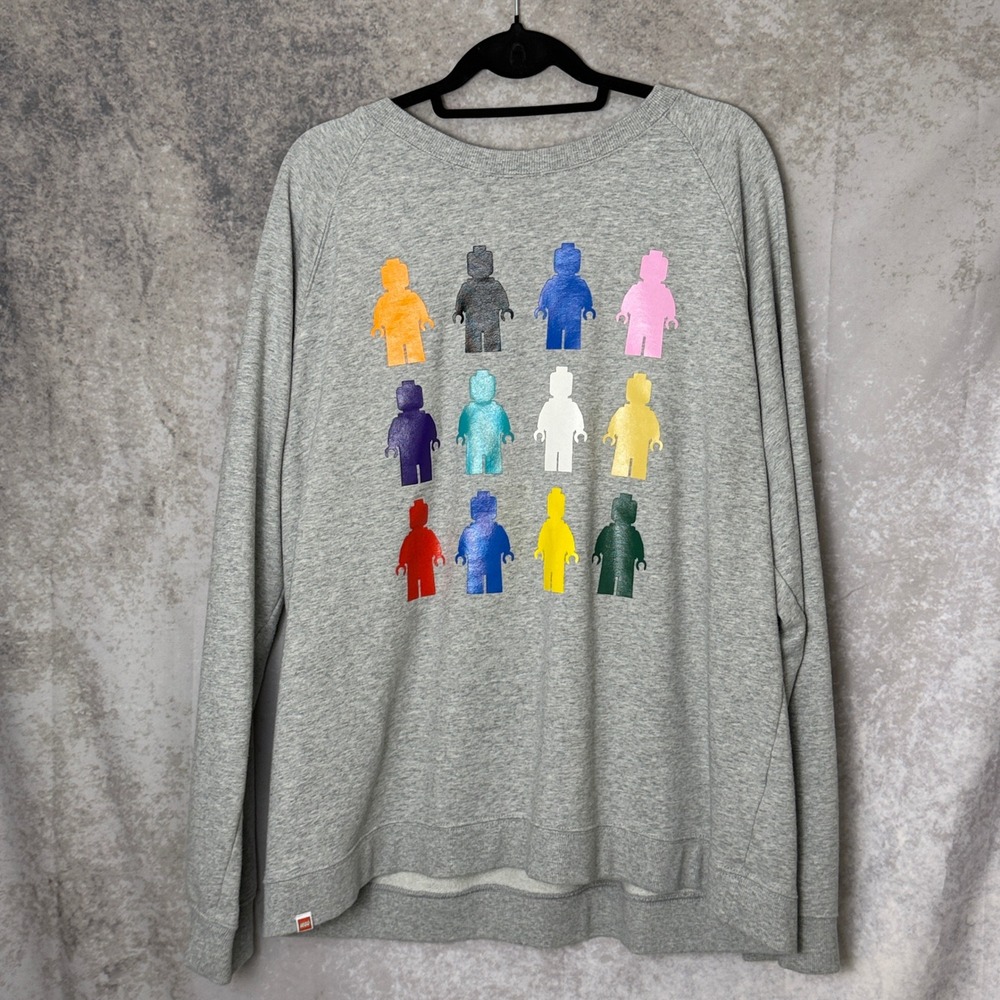 LEGO Minifigure Sweatshirt Adult XL Gray Crewneck Raglan Multicolor Graphic